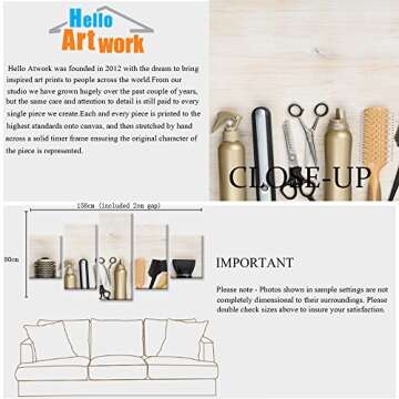 iHAPPYWALL Large 5 Pieces Salon Canvas Wall Art Vintage Barber Shop Art Prints Comb Scissors Hair Drier Barber Tools Sets Print On Canvas for Wall Decor Ready to Hang