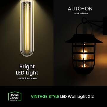 Home Zone Security 2 Packs Solar Wall Hanging Lights Outdoor 3000K Warm Up to 8 Hours Light Dawn Motion Sensor Auto, IP65 Waterproof, No Wiring Required, Aluminum and Glass Construction
