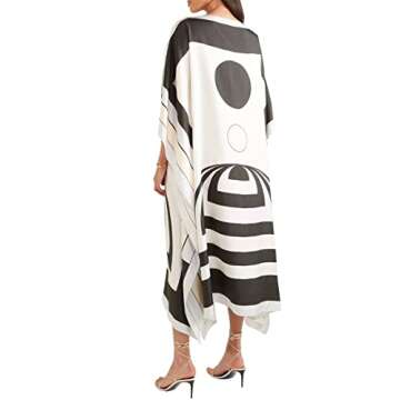 Black & White Printed Softy Silk Modest Wear Kaftan for Women,Beach Dress,Maxi Dress,Caftan,Birthday,Crew Neck Style,RegularWear Kaftan 5608 One Size