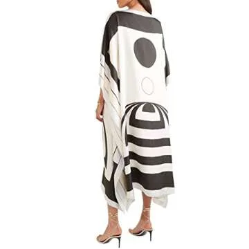 Black & White Printed Softy Silk Modest Wear Kaftan for Women,Beach Dress,Maxi Dress,Caftan,Birthday,Crew Neck Style,RegularWear Kaftan 5608 One Size