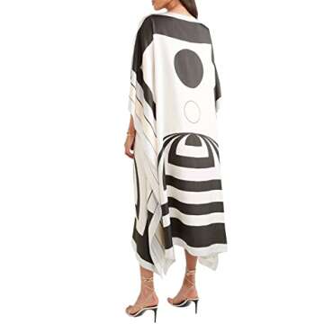 Black & White Printed Softy Silk Modest Wear Kaftan for Women,Beach Dress,Maxi Dress,Caftan,Birthday,Crew Neck Style,RegularWear Kaftan 5608 One Size
