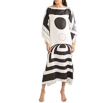Black & White Printed Softy Silk Modest Wear Kaftan for Women,Beach Dress,Maxi Dress,Caftan,Birthday,Crew Neck Style,RegularWear Kaftan 5608 One Size