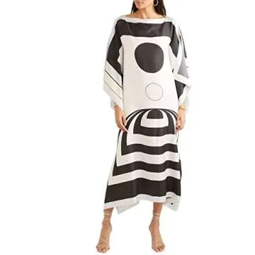 Black & White Printed Softy Silk Modest Wear Kaftan for Women,Beach Dress,Maxi Dress,Caftan,Birthday,Crew Neck Style,RegularWear Kaftan 5608 One Size