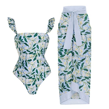 Stylish Floral Two-Piece Bikini Set with Cover Up Skirt for Women