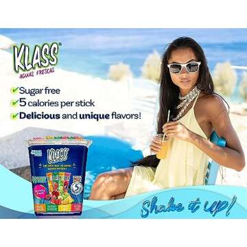Klass Aguas Frescas Powdered Drink Mix | 44 Sugar Free Powder Packets | Flavors - Cucumber Limeade Pineapple Tangerine Strawberry Watermelon & Hibiscus Berries - Water Enhancer To Go!