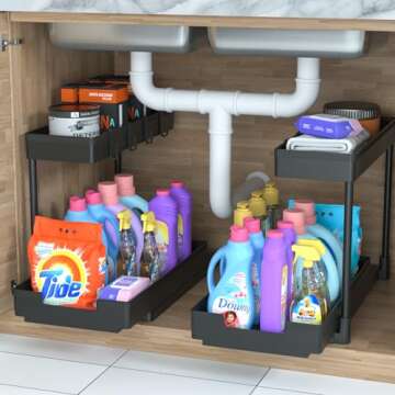 petisal Under Sink Organizer -2 Pack|Pull Out Bathroom Organizer|2 Tier Slide Out Bathroom/Kitchen Organiers and Storage. (L-Shape 2PACK)