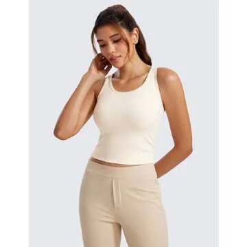 CRZ YOGA Womens Butterluxe Double Lined Workout Tank Tops Scoop Neck Racerback Cropped Casual Sleeveless Shirt White Apricot Small