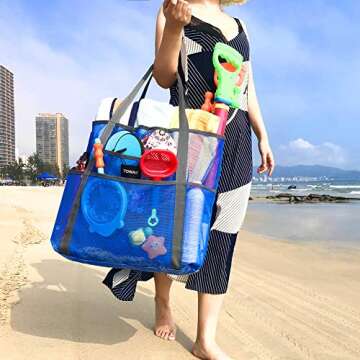 TONAK Mesh Beach Bag Tote Bag Grocery Storage Bag Oversized Big XL with Pockets Big Large Foldable L...