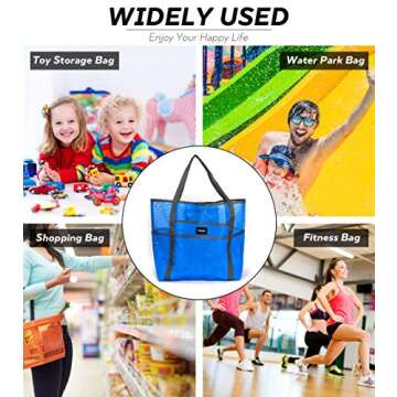 TONAK Mesh Beach Bag Tote Bag Grocery Storage Bag Oversized Big XL with Pockets Big Large Foldable Lightweight for Family Pool Blue Color