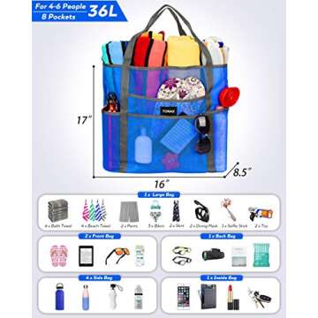 TONAK Mesh Beach Bag Tote Bag Grocery Storage Bag Oversized Big XL with Pockets Big Large Foldable Lightweight for Family Pool Blue Color