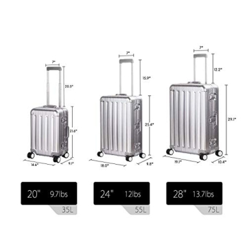 TRAVELKING All Aluminum Luggage Zipperless Hard Shell Suitcase with TSA Lock Spinner Wheels Lightweight Metal Alloy Suitcases (Silver, 24 inch)