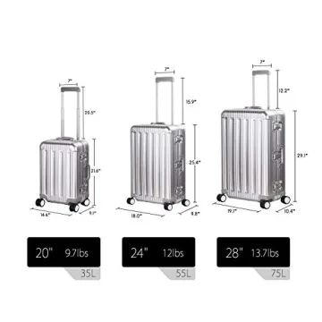 TRAVELKING All Aluminum Luggage Zipperless Hard Shell Suitcase with TSA Lock Spinner Wheels Lightweight Metal Alloy Suitcases (Silver, 24 inch)