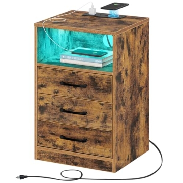 Seventable Nightstand with Wireless Charging Station and LED Lights, Rustic End Side Table with 3 Dr...