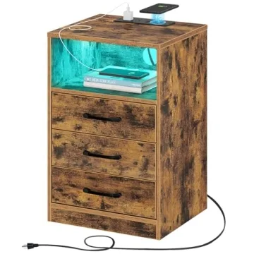 Seventable Nightstand with Wireless Charging Station and LED Lights, Rustic End Side Table with 3 Dr...