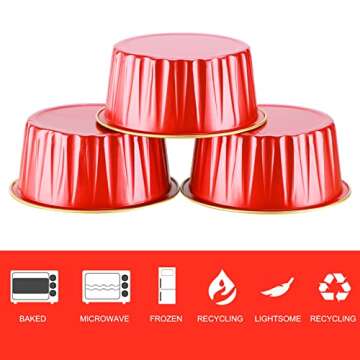 EUSOAR Cupcake Containers with Lids, 25pcs 5oz Disposable Ramekins Aluminum Foil Dessert Baking Cups Liners, Mini Muffin Creme Brulee Ramekins Cheesecake Pan for Catering Wedding Party Favor-Red+Gold