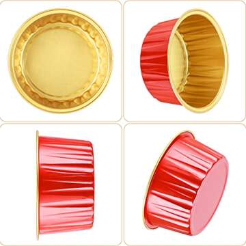 EUSOAR Cupcake Containers with Lids, 25pcs 5oz Disposable Ramekins Aluminum Foil Dessert Baking Cups Liners, Mini Muffin Creme Brulee Ramekins Cheesecake Pan for Catering Wedding Party Favor-Red+Gold