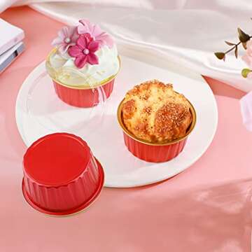 EUSOAR Cupcake Containers with Lids, 25pcs 5oz Disposable Ramekins Aluminum Foil Dessert Baking Cups Liners, Mini Muffin Creme Brulee Ramekins Cheesecake Pan for Catering Wedding Party Favor-Red+Gold