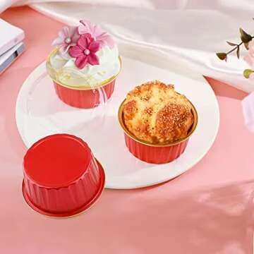 EUSOAR Cupcake Containers with Lids, 25pcs 5oz Disposable Ramekins Aluminum Foil Dessert Baking Cups Liners, Mini Muffin Creme Brulee Ramekins Cheesecake Pan for Catering Wedding Party Favor-Red+Gold