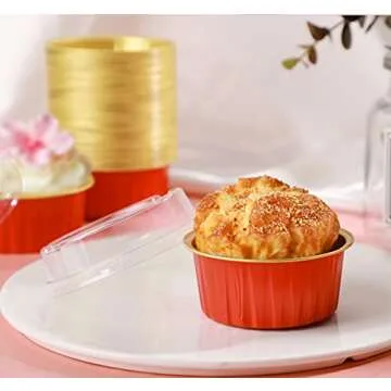 EUSOAR Cupcake Containers with Lids, 25pcs 5oz Disposable Ramekins Aluminum Foil Dessert Baking Cups Liners, Mini Muffin Creme Brulee Ramekins Cheesecake Pan for Catering Wedding Party Favor-Red+Gold