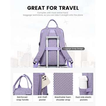 LOVEVOOK Laptop Backpack for Women,Vintage Work Business Travel Backpack with USB Charging Port,Teacher Doctor Nurse Computer Bag Purse College Backpack,17 Inch,Purple-Purple