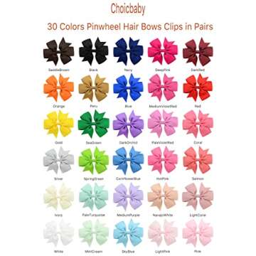 choicbaby 60pcs 3 Inches Boutique Grosgrain Ribbon Pinwheel Hair Bows for Baby Girls, Toddler Bows Hair Clip Birthday Gifts In Pair