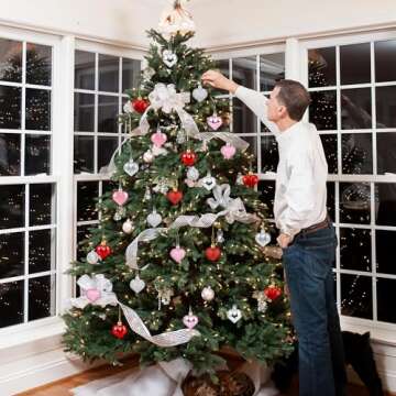 36Pcs Valentine's Day Heart Shaped Ornaments | Valentines Heart Decorations | Red Pink Silver Glitter Heart Shaped Baubles | Romantic Christmas Valentine's Day Tree Hanging Decorations