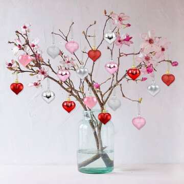36Pcs Valentine's Day Heart Shaped Ornaments | Valentines Heart Decorations | Red Pink Silver Glitter Heart Shaped Baubles | Romantic Christmas Valentine's Day Tree Hanging Decorations