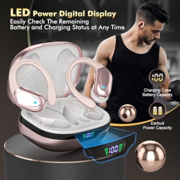 Wireless Earbuds Bluetooth Headphones 80hrs Playback Ear Buds Power Display with Noise Canceling Mic with Earhooks for Sports/Workout/Running