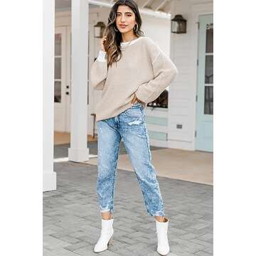 Fall Clothes for Women 2025 Trendy Fashion Oversized Sweaters Color Block Long Sleeve Knited Pullover Tops Winter Outfits,Apricot,X-Large