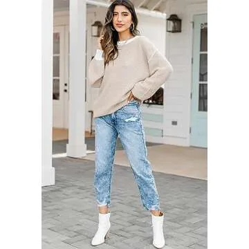 Fall Clothes for Women 2025 Trendy Fashion Oversized Sweaters Color Block Long Sleeve Knited Pullover Tops Winter Outfits,Apricot,X-Large