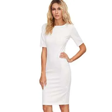 SheIn Women's Short Sleeve Elegant Sheath Solid Pencil Bodycon Dress Medium White