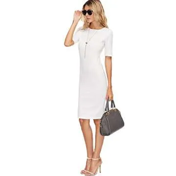 SheIn Women's Short Sleeve Elegant Sheath Solid Pencil Bodycon Dress Medium White