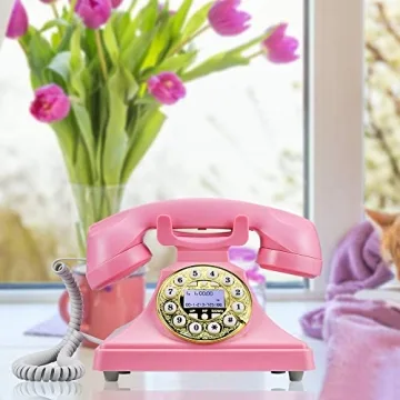 Pink Retro Landline Phone with LCD Display and Speaker