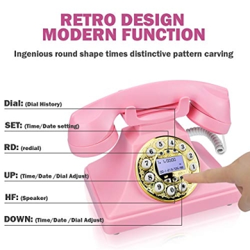 Pink Retro Landline Phone with LCD Display and Speaker