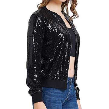 KANCY KOLE Women's Sequin Fitted Long Sleeve Zipper Blazer Bomber Jacket with Pockets(M,Black)