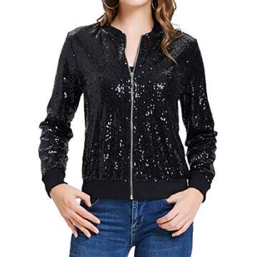 KANCY KOLE Women's Sequin Fitted Long Sleeve Zipper Blazer Bomber Jacket with Pockets(M,Black)