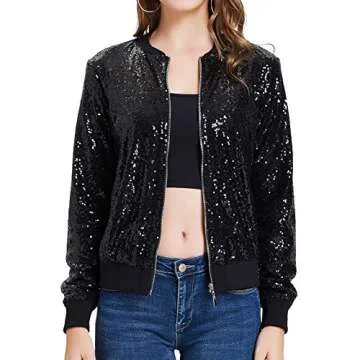 KANCY KOLE Women's Sequin Fitted Long Sleeve Zipper Blazer Bomber Jacket with Pockets(M,Black)
