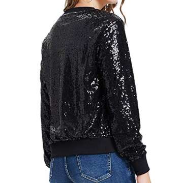 KANCY KOLE Women's Sequin Fitted Long Sleeve Zipper Blazer Bomber Jacket with Pockets(M,Black)