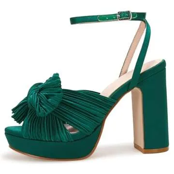 VETASTE Women's Pleated Bow Knot Platform Heeled Sandals Open Toe Chunky Block Heel Ankle Buckle Strap Bridal Wedding Dress Shoes
