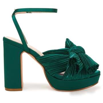 VETASTE Women's Pleated Bow Knot Platform Heeled Sandals Open Toe Chunky Block Heel Ankle Buckle Strap Bridal Wedding Dress Shoes