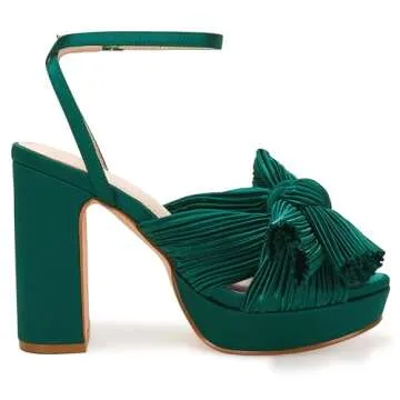 VETASTE Women's Pleated Bow Knot Platform Heeled Sandals Open Toe Chunky Block Heel Ankle Buckle Strap Bridal Wedding Dress Shoes