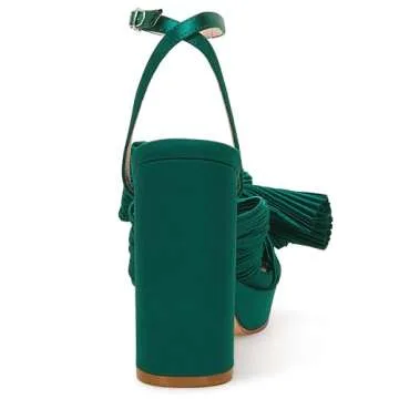 VETASTE Women's Pleated Bow Knot Platform Heeled Sandals Open Toe Chunky Block Heel Ankle Buckle Strap Bridal Wedding Dress Shoes