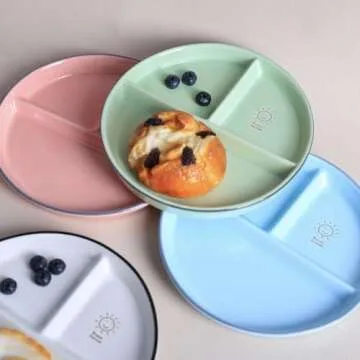 CoCoMe Round Smile Sun Ceramic Porcelain Divided Dessert Salad Plate Dinner Plate - 8 Inch