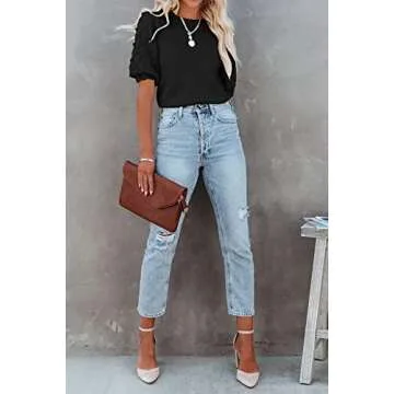 BTFBM Women's Stylish Puff Sleeve Pullover Sweater