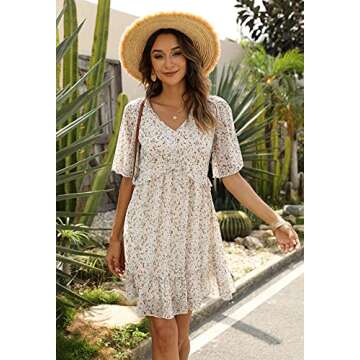 Manydress Women's Summer Floral Print V Neck Casual Mini Boho Ruffle Swing Dress MY068 (White, Large)