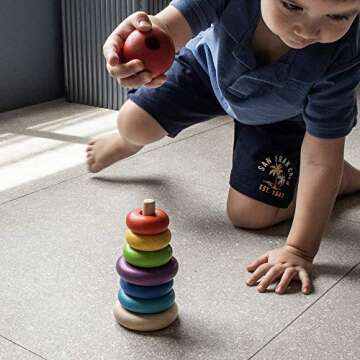 Amazon Basics Wooden Motor Skills Play Set – Hammer Peg, Stacking Ring, Fruits & Vegetables, Puzzle Gears – For 2+ Years, Multicolor