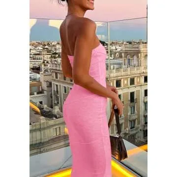 PRETTYGARDEN Women Rib Knit Long Dress Off Shoulder Strapless Tube Top Maxi Bodycon Dresses (Pink,X-Small)