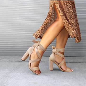 Strappy Heels for Women Chunky Heels High Heeled Sandals with Lace Up Fahsion Casual Nude Block Heel Sandals