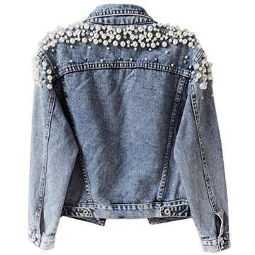 Kedera Women's Jean Jacket Embroidered Rivet Pearl Short Denim Jacket Coat