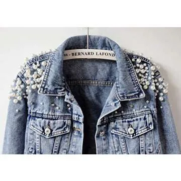 Kedera Women's Jean Jacket Embroidered Rivet Pearl Short Denim Jacket Coat